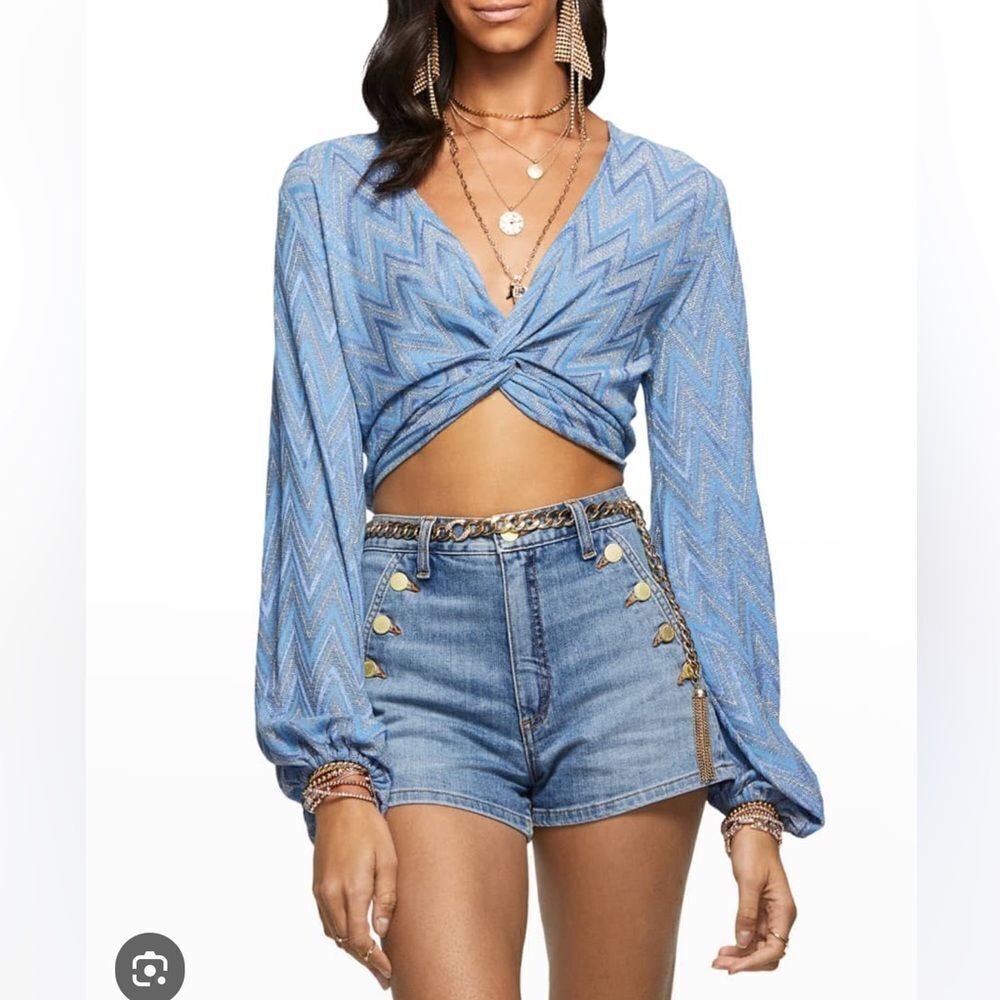 NWT Ramy Brook Chevron Dakota Twist-Front Crop Top Ocean Blue Medium